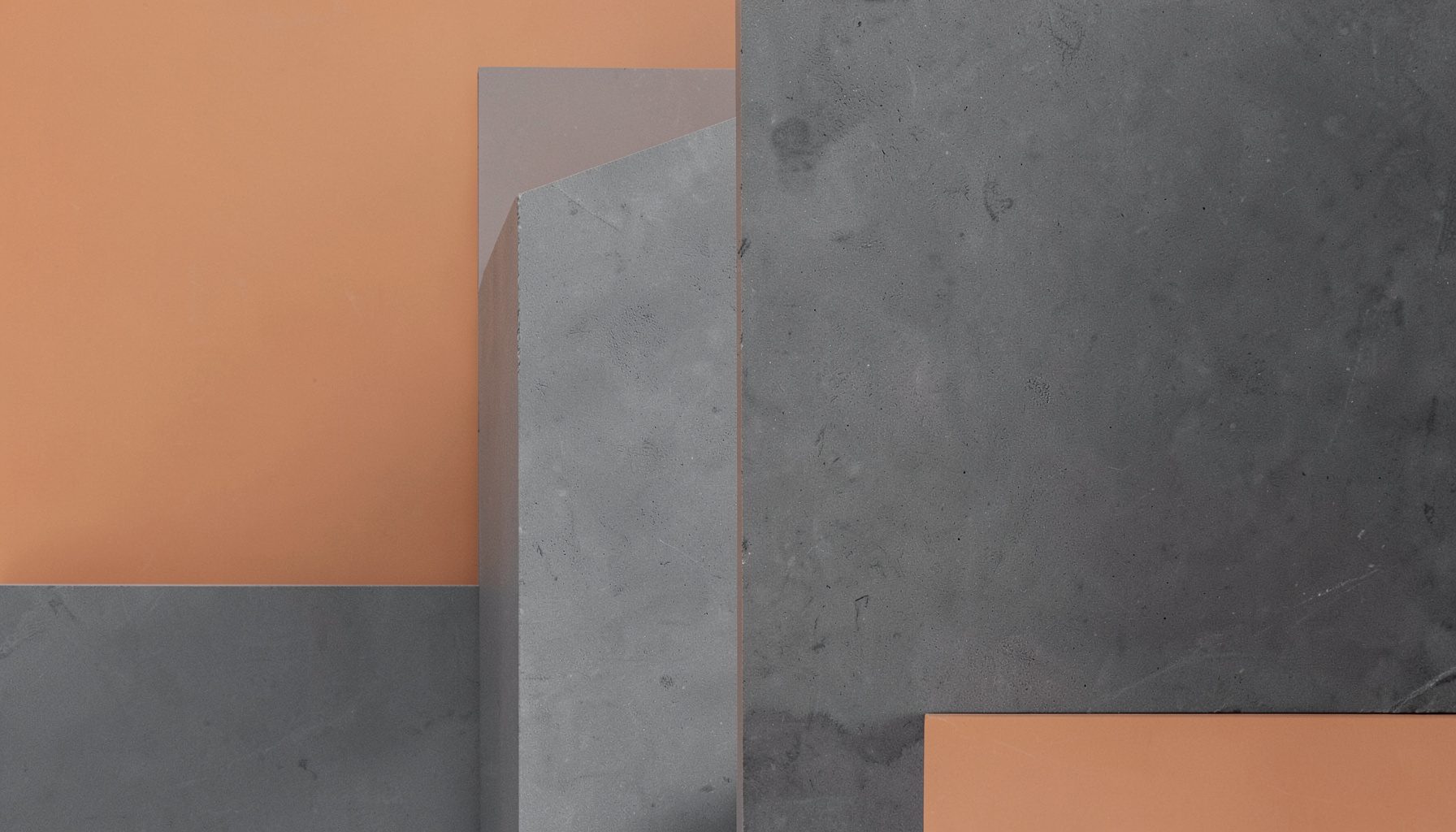 Minimalist geometric composition in slate gray and muted orange, evoking monolithic forms and electronic soundscapes