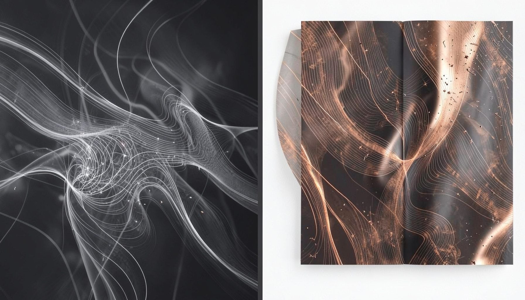 Dual-panel abstract visualization with cool gray and warm copper tones, suggesting generative electronic patterns across two complementary works